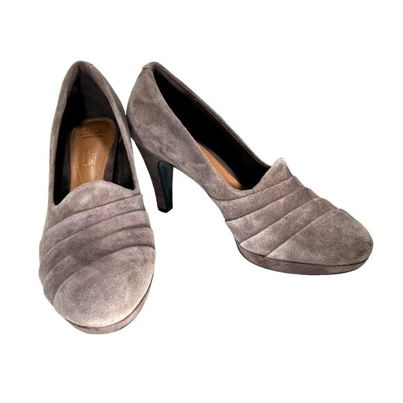 Clarks Collection Womens Narine Flora Pump 7.5 Taupe Leather Suede Cushion Shoes - Picture 2 of 16